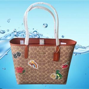 Coach City Tote Bag Purse In Signature Canvas With Sticker Print Rexy